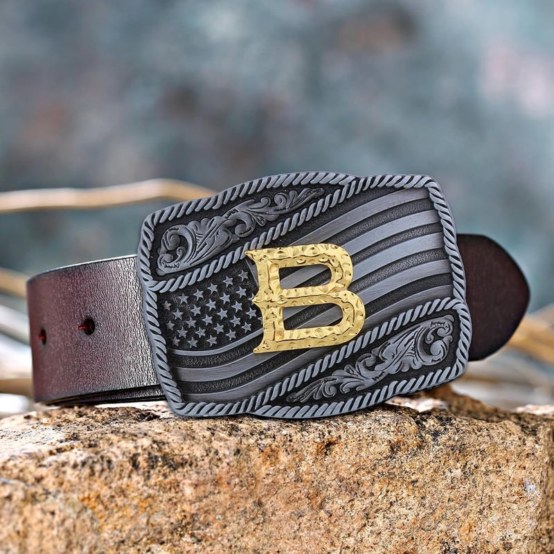Fibbadet Store Western Cowboy Initial Letters A-Z American Flag Belt Buckle for Men Fathers Day Boyfriend Husband - Image 2